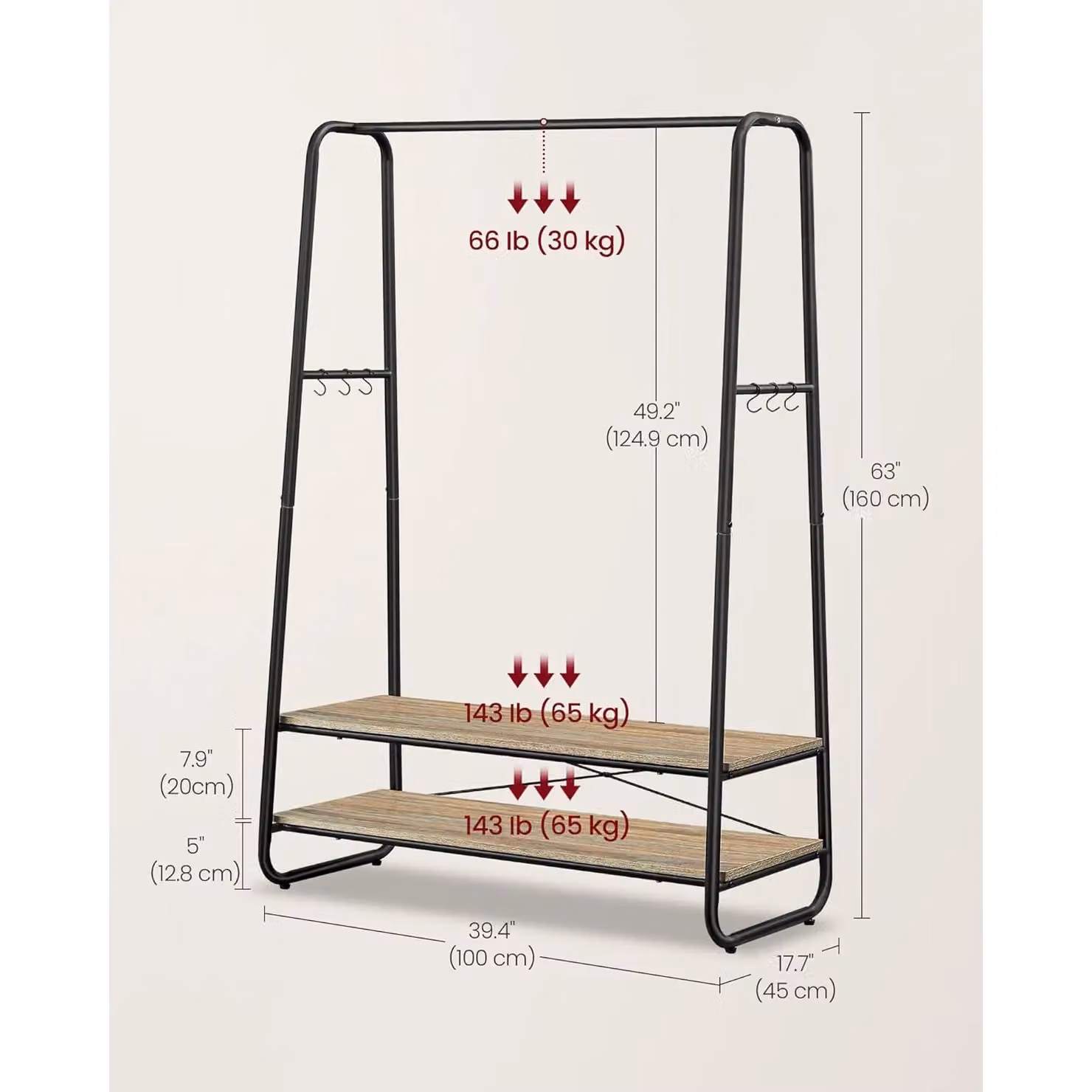 VASAGLE Heavy Duty Industrial Clothes Rail with 2 Shelves and 6 Hooks in Camel – 2