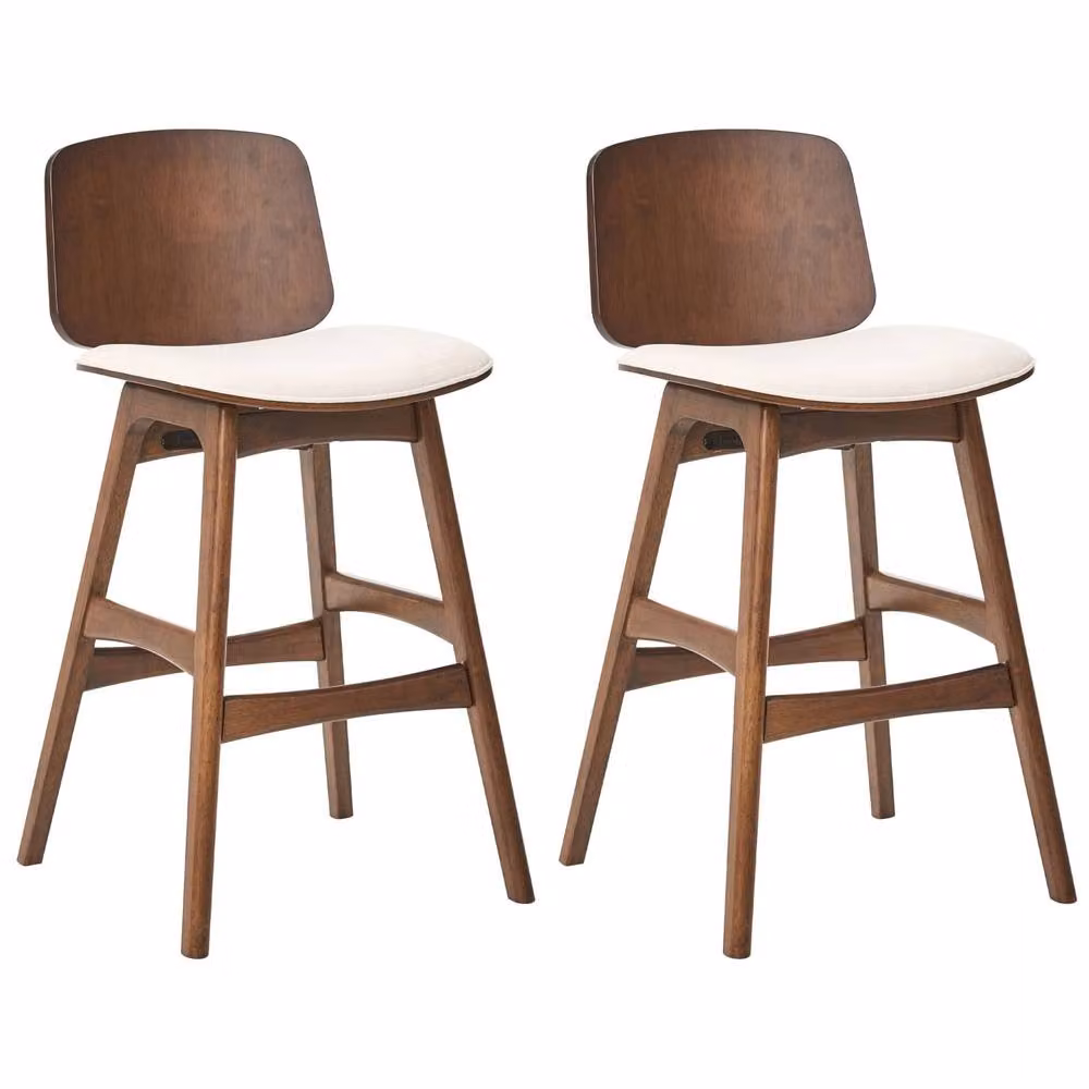 Wyld and Coco Set of 2 Armless Barstools in Light Beige Fabric with Brown Rubberwood Frame – 2