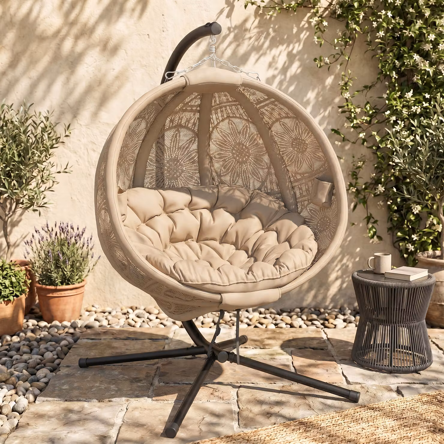 Outsunny Round Egg Basket Lounge Chair with Powder Coated Steel Stand and Beige Cushions – 2