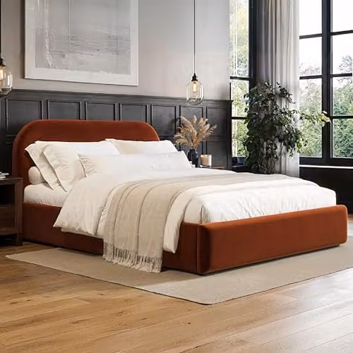 Flair Furnishings Alba Ottoman Bed, King Size Velvet and Bouclé Bed Frame with Storage and Curved Headboard, Orange, H 165 x W 150 x D 221 cm