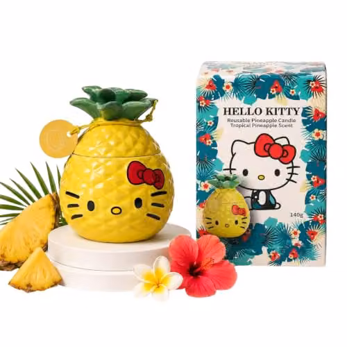 Hello Kitty Rose & Cherry Blossom Scented Candle, 213g Floral Fragrance in Pink and Yellow Ceramic Plant Pot