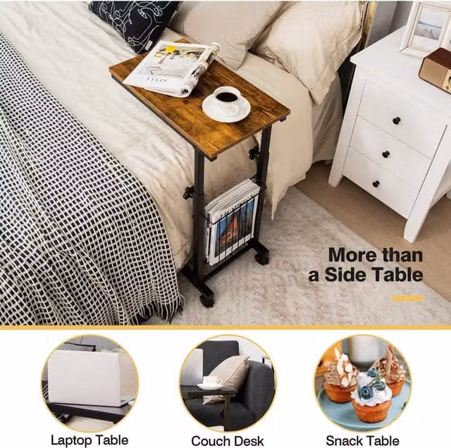 Costway C-shaped Sofa Side Table in Rustic Brown with Height Adjustment and Castors