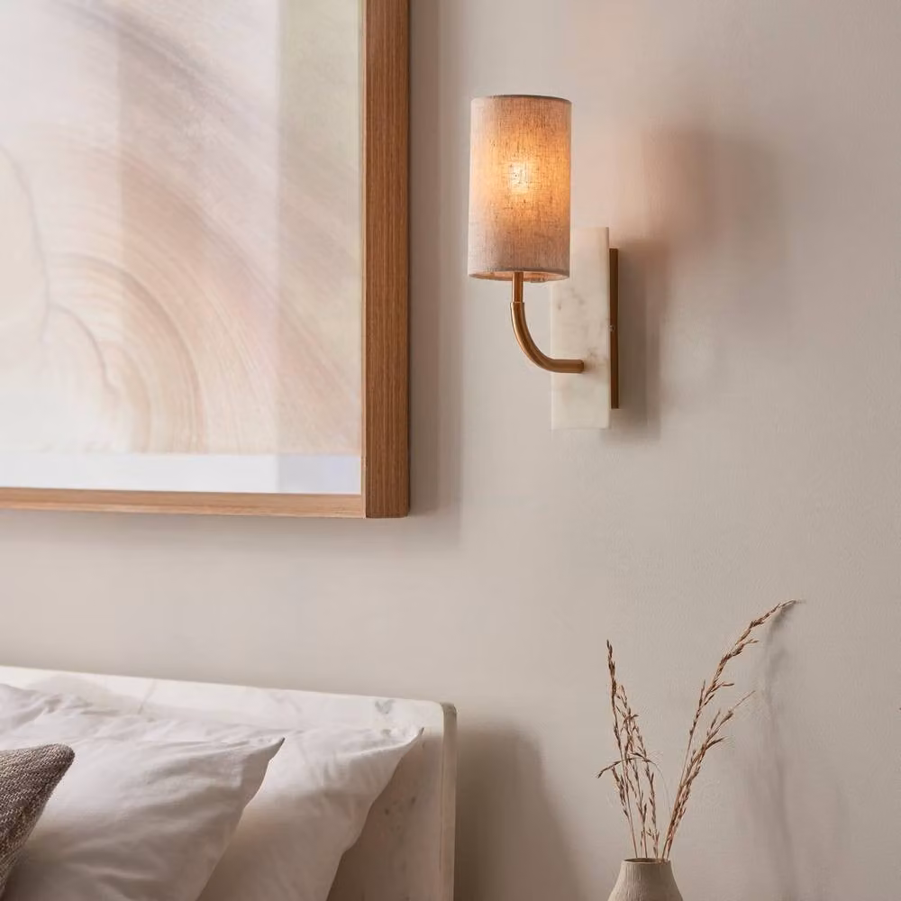Netlighting Calista Wall Lamp in Vintage Brass with White Marble and Linen, 7W LED E14 – 2