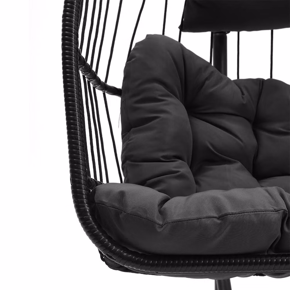 Living and Home Black Matt Rattan and Metal Freestanding 2-Seater Outdoor Hanging Egg Chair – 5