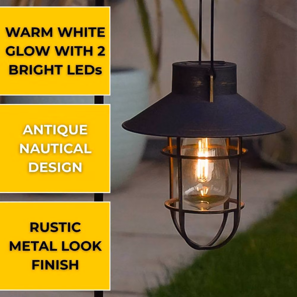 NESTLUNE Black Vintage Metal LED Hanging Lantern with Transparent Glass – 3