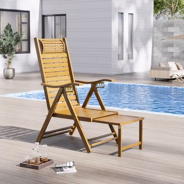 Breeins Bamboo Foldable Recliner with Retractable Footrest and Armrests in Natural Brown