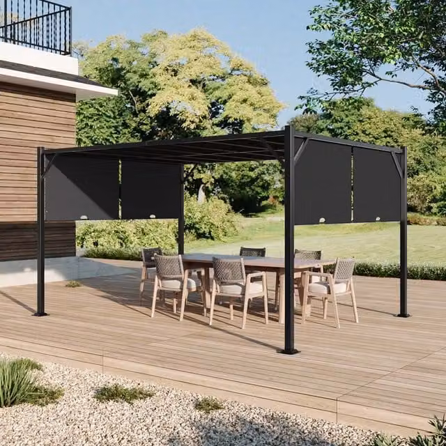 Livingandhome Modern Outdoor Pergola with Retractable Canopy in Anthracite Grey, W: 400 cm, D: 300 cm