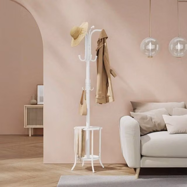 SONGMICS Modern Freestanding Coat Rack with Umbrella Holder and Distributed Point Hooks in White