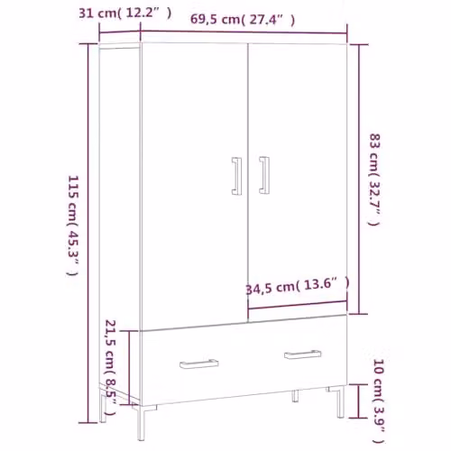 vidaXL Modern Grey Highboard with Hinged Doors and Internal Shelves, W/D/H: 69.5 x 31 x 115 cm – 3