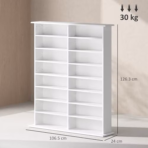 HOMCOM White Media Storage Unit with 12 Adjustable Shelves and Back Panel – 5