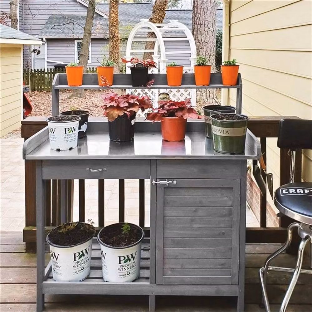 EONLION Grey Rustic Wood and Metal Garden Potting Bench Table, Width: 100 cm – 4