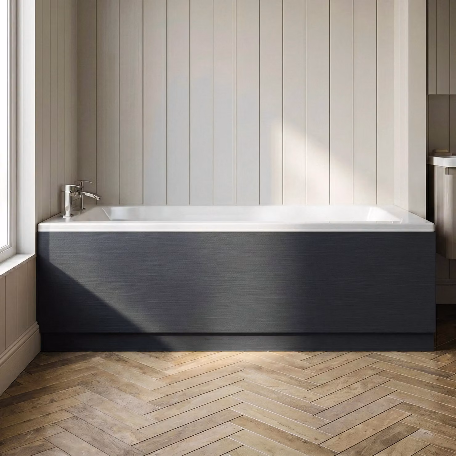 Balterley Edge/Power Straight Front Bath Panel and Plinth in Textured Woodgrain Graphite Grey – 3