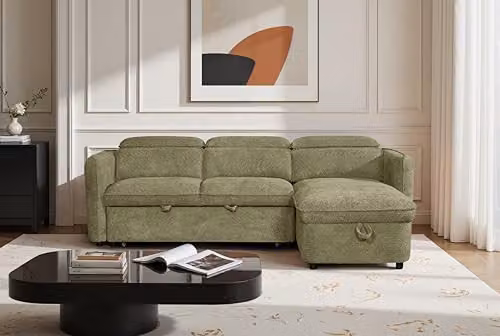 Beehive Furniture Corfu Reversible L-Shape Corner Sofa Bed in Green Fabric with Adjustable Headrest and Pull-out Drawer, W/D/H: 235.975 x 166 x 160 cm – 2