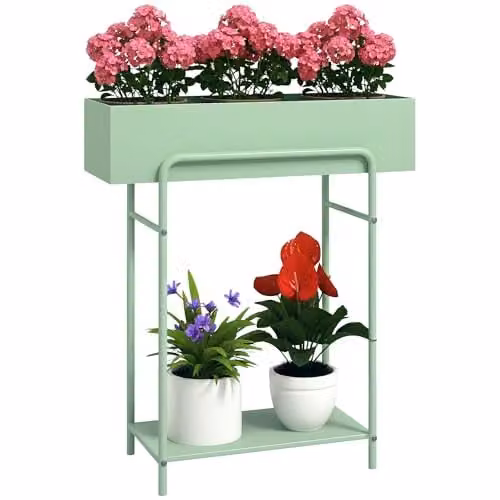 Outsunny 2 Tier Metal Plant Stand with Drain Holes, Green, W/D/H: 70 x 26 x 26 cm