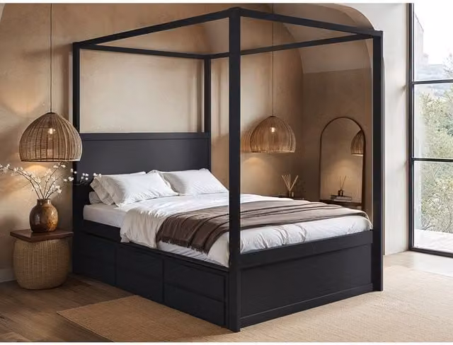 Flair Furnishings Maddy 4 Poster Canopy Double Bed with Trundle and Storage Drawers in Black, W/D/H: 142 x 205 x 190 cm