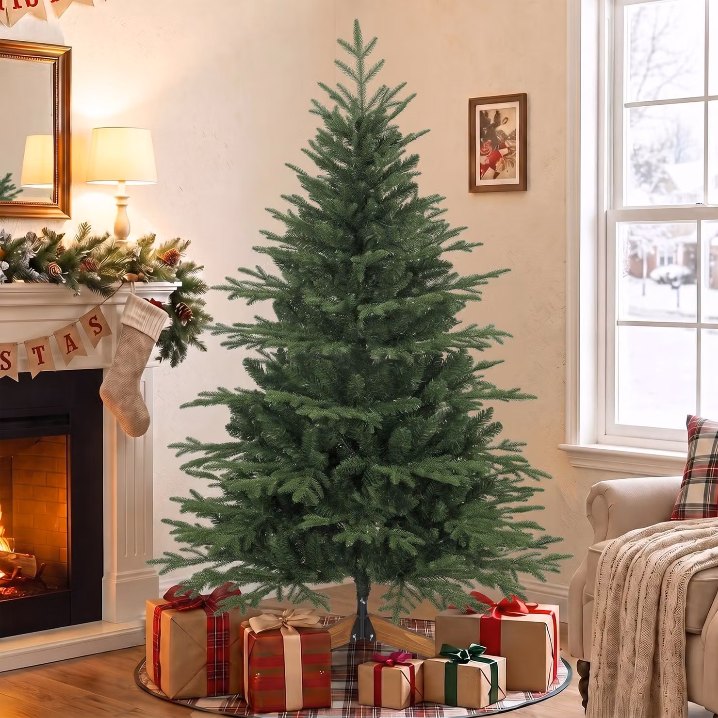 HOMCOM 150cm Green Artificial Christmas Tree with Solid Pine Wood Stand – 2