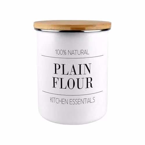 Purely Home Minimalist Plain Flour Enamel Canister with Bamboo Lid in Black and White