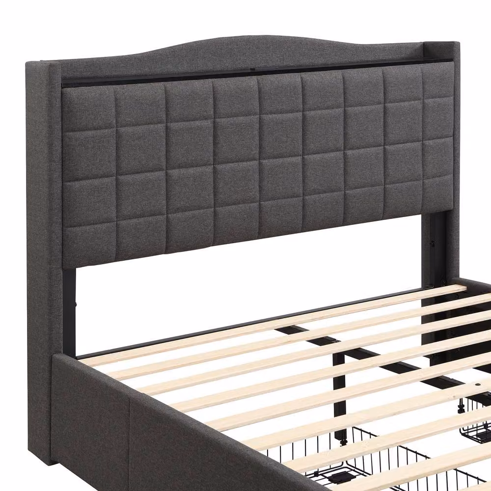 Merax Grey Linen Upholstered Double Storage Bed with 4 Drawers and USB Charging Station W: 135 cm, D: 190 cm, H: 111 cm – 7