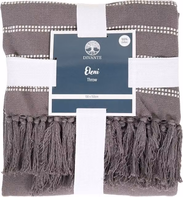 Divante Eleni Striped Cotton Tassel Throw with Fringes in Grey, W/D: 130 x 130 cm