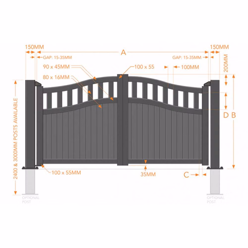 Ready Made Double Swing Gate with Vertical Solid Infill and Bell in Black, W: 325 cm, H: 160 cm – 2