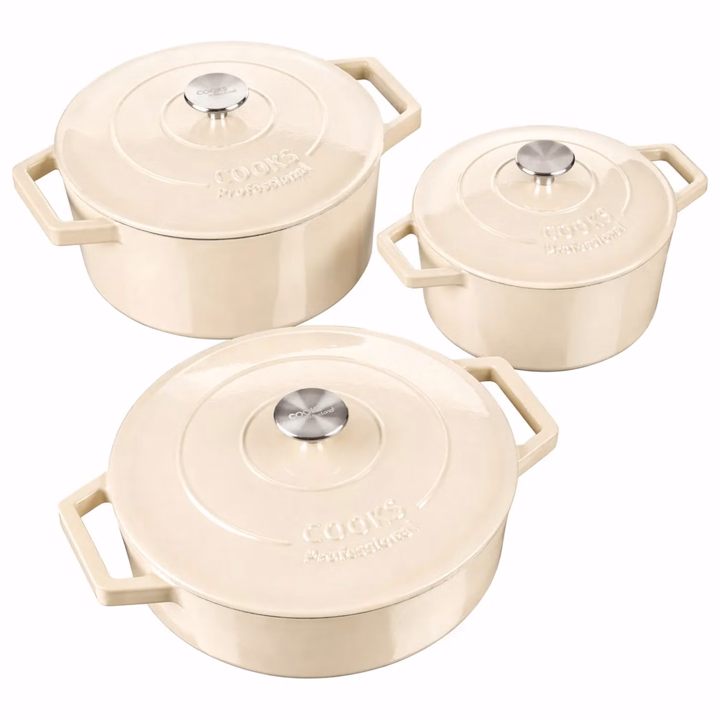 Cooks Professional Set of 3 Enamelled Cast Iron Casserole Dishes with Lids, White – 2