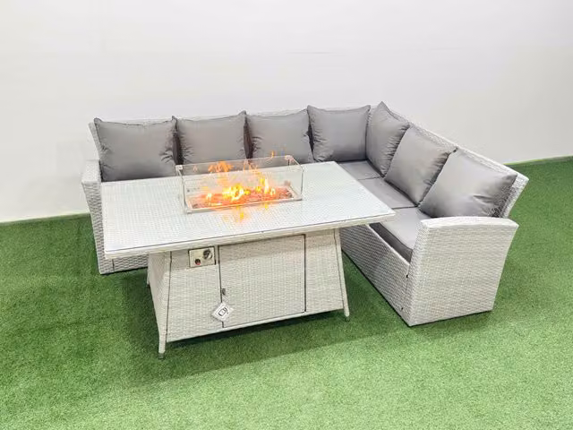 Fimous 6 Seat Rattan Garden Furniture Corner Sofa Set with Gas Firepit Table in Light Grey