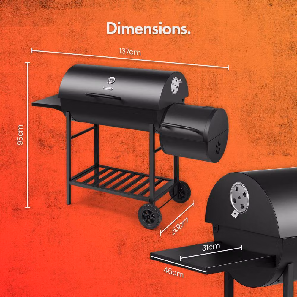 VonHaus Offset Charcoal Barrel BBQ Smoker in Black, W/D/H: 137 x 53 x 95 cm – 7