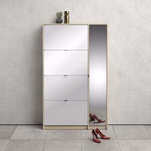 Furniture To Go Oak Shoe Cabinet with 4 Flip Down Doors, 2 Layers and 1 Mirror Door