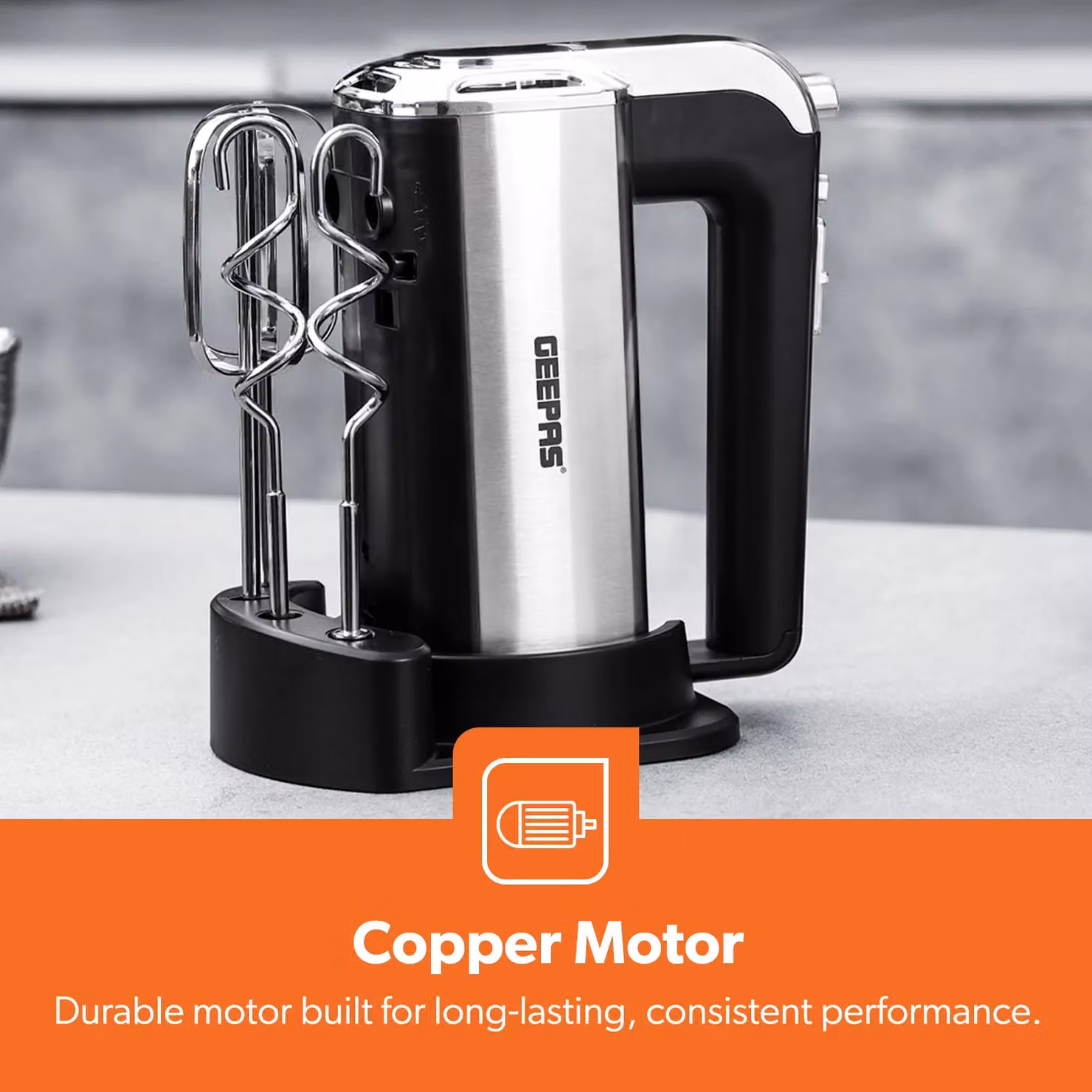 Geepas 400W Electric Hand Mixer and Whisk with 5-Speed Turbo Function and Storage Base in Black – 5