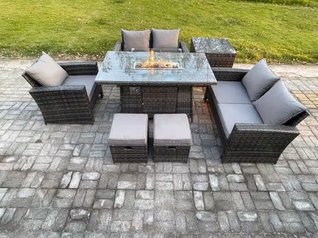 Fimous 7 Seater Rattan Outdoor Garden Furniture Set with Gas Fire Pit Table, Love Sofa, Armchair, Side Table and 2 Footstools in Dark Grey