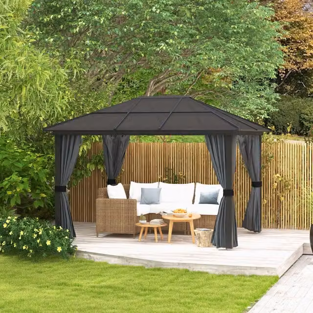 Outsunny Modern Black Aluminium Hard Top Gazebo with Netting