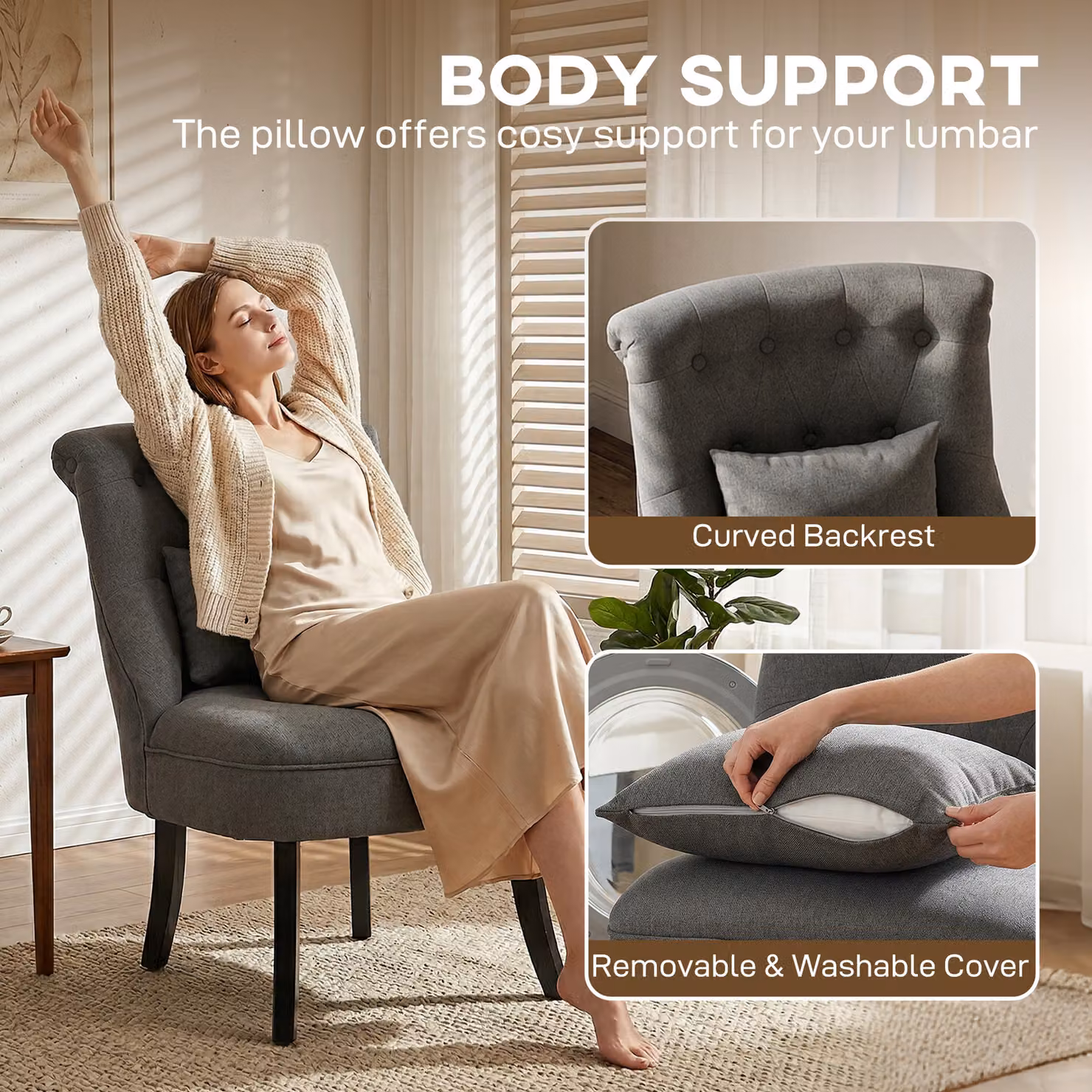 HOMCOM Charcoal Grey Fabric Tub Chair with Armrests and Pillow and Solid Wood Legs – 5