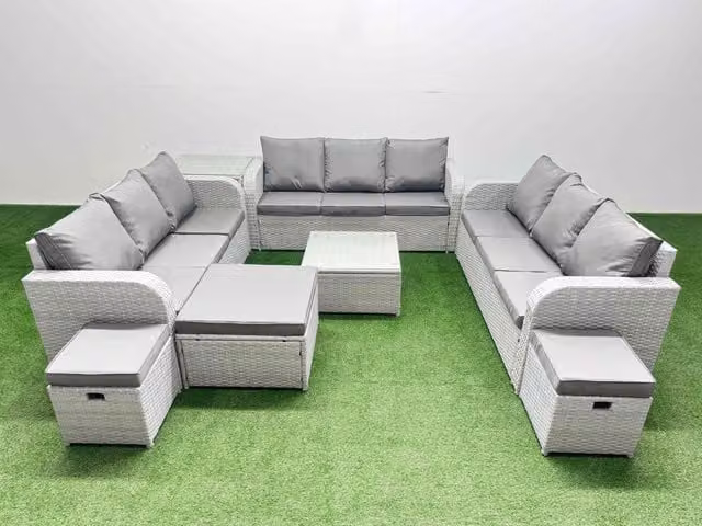 Fimous 12 Seater PE Rattan Outdoor Garden Lounge Sofa Set with Square Coffee Table, 3 Seater Sofa, 3 Stools and Side Table in Light Grey