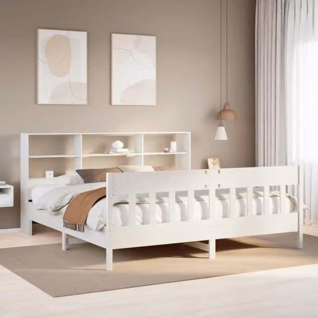 Berkfield Home Super King Solid Wood Pine Bed Frame in White with Side Compartments and Bedside Shelves, W/D/H: 180 x 200 cm