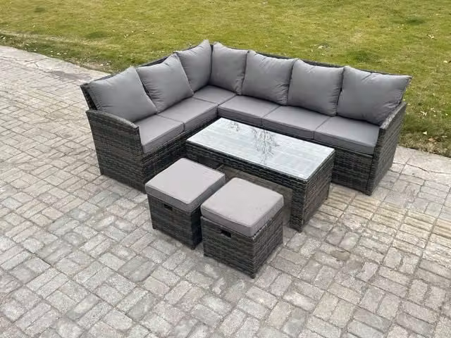 Fimous 8 Seater Outdoor Rattan Garden Furniture Set with Corner Sofa, Oblong Coffee Table and 2 Footstools in Dark Grey