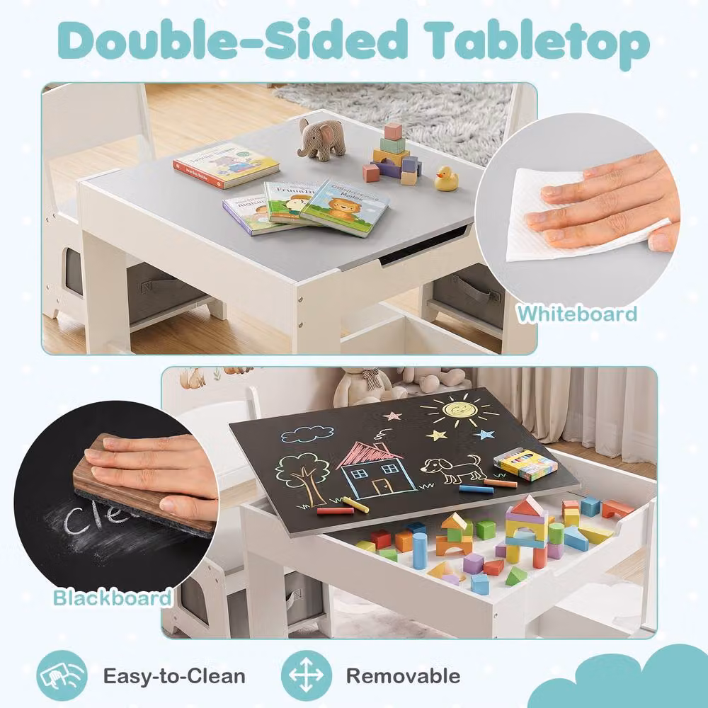 Gymax Childrens Activity Table and 2 Chairs Set with Detachable Dual-Sided Reversible Tabletop in Grey and White – 3
