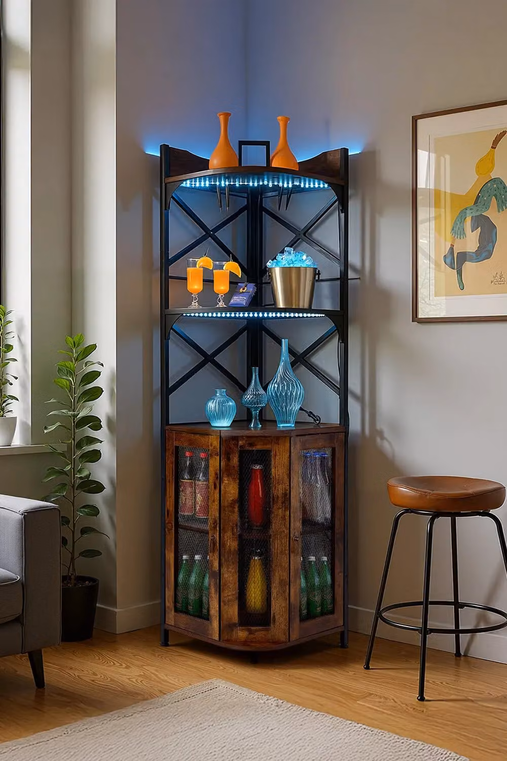 Living and Home 5-Tier Corner Bar Cabinet with Glass Doors, Integrated LED Lighting and Built-in Power Outlet in Dark Brown – 2