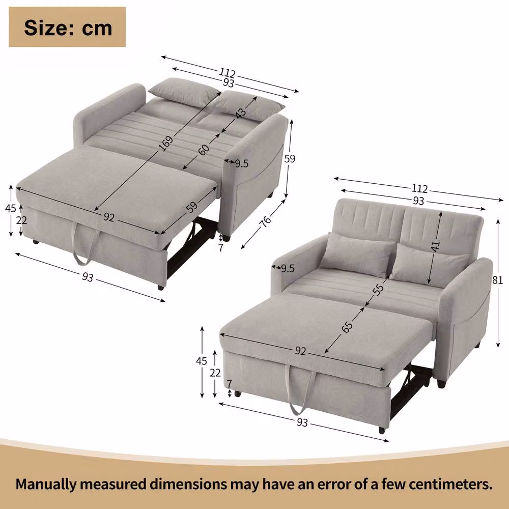 Merax 2-Seater Pull-Out Sofa Bed in Grey with Fabric Upholstery and Scatter Cushions, W: 112 cm, H: 59 cm, D: 59 cm – 3
