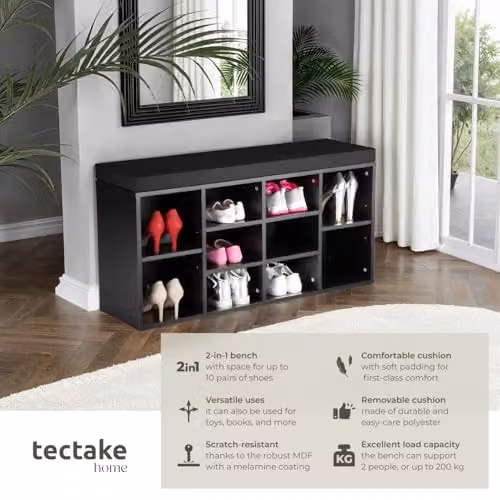 tectake Shoe Rack Max in Black with Adjustable Shelves and Fabric Seat Cushion – 4