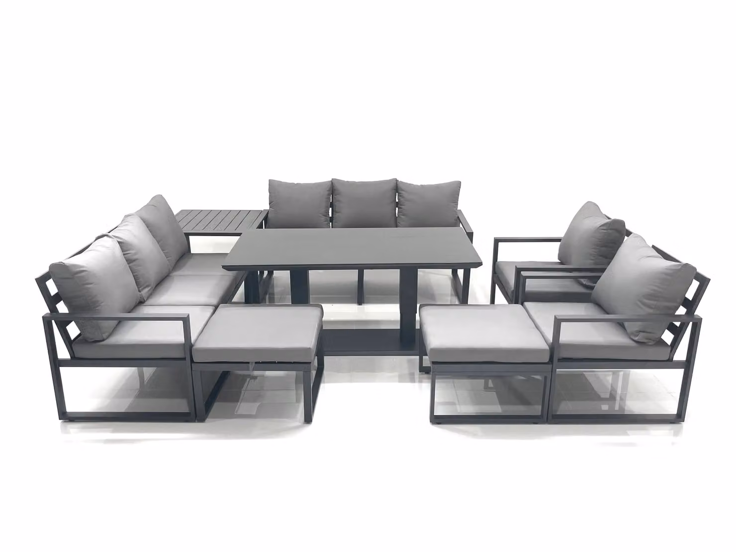 Fimous Garden Sofa Set with Height Adjustable Dining Table, 2 Chairs, 2 Footstools and Side Table in Dark Grey Powder Coated Aluminium and Glass – 2