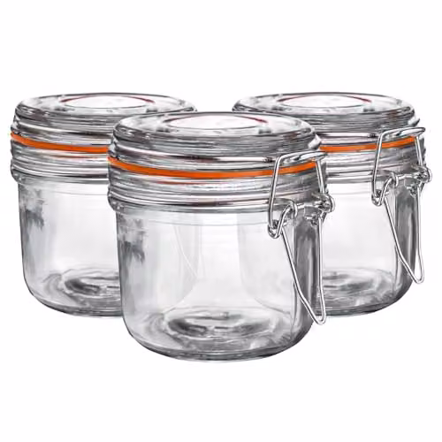 Argon Tableware Glass Storage Jars with Airtight Stainless Steel Clip Lid, 200ml, Set of 3 in Transparent and Orange