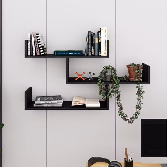 Decortie Tibet Wall Mounted Modern Bookcase Display Unit in Black – 1