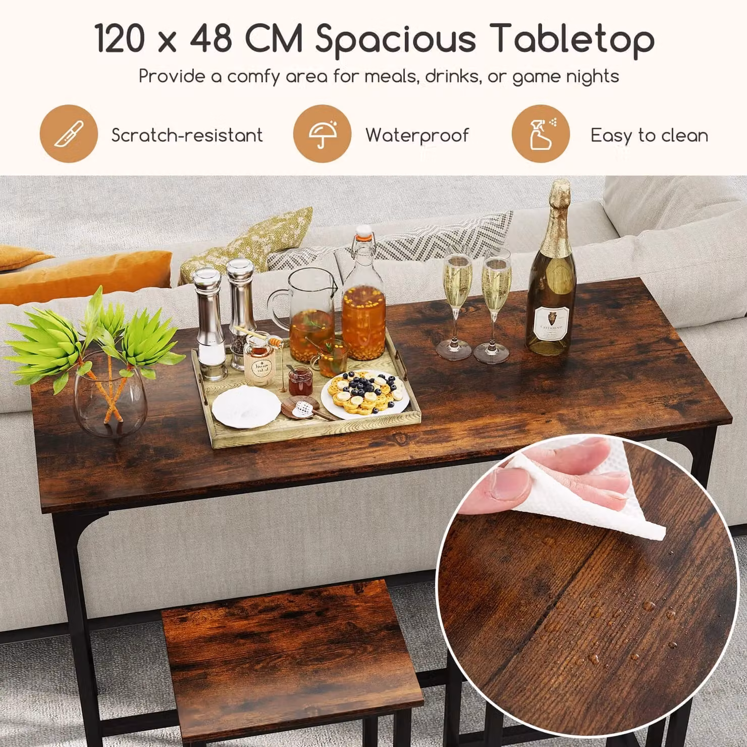 Gymax 3-Piece Industrial Dining Table Set with Counter-Height Rectangular Table and Chairs in Brown – 4