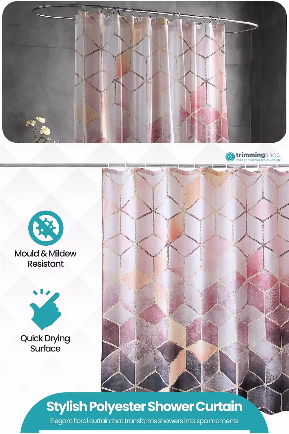 Neel Blue Geometric Pink Waterproof Polyester Bathroom Shower Curtain with Eyelets, W: 180 cm, H: 200 cm – 2