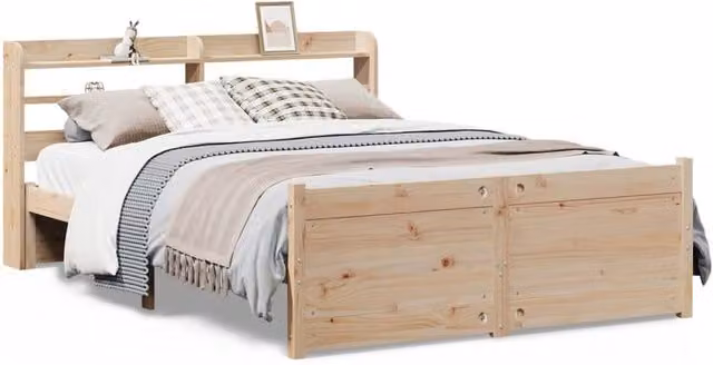 Berkfield Home Double Bed Frame with Headboard and Side Compartments in Beige Pine Wood, W: 135 cm, L: 190 cm