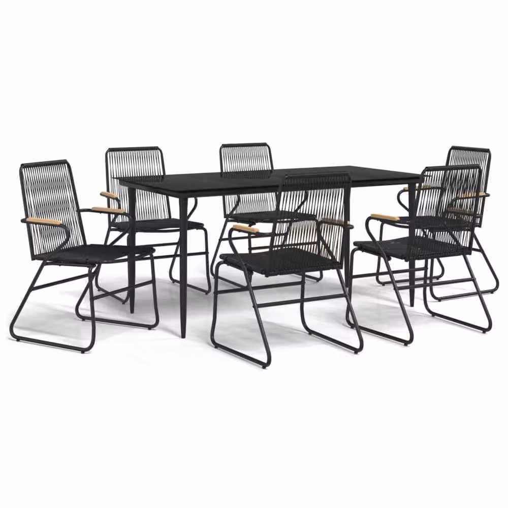 Berkfield Home Beautiful 7 Piece Black PVC Rattan Garden Dining Set with Teak Wood and Glass Details – 3