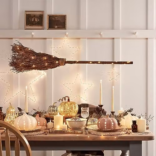 Lights4fun Wooden Halloween Witches Broomstick with 50 Micro LEDs and Timer, H 100cm, Brown and White – 2