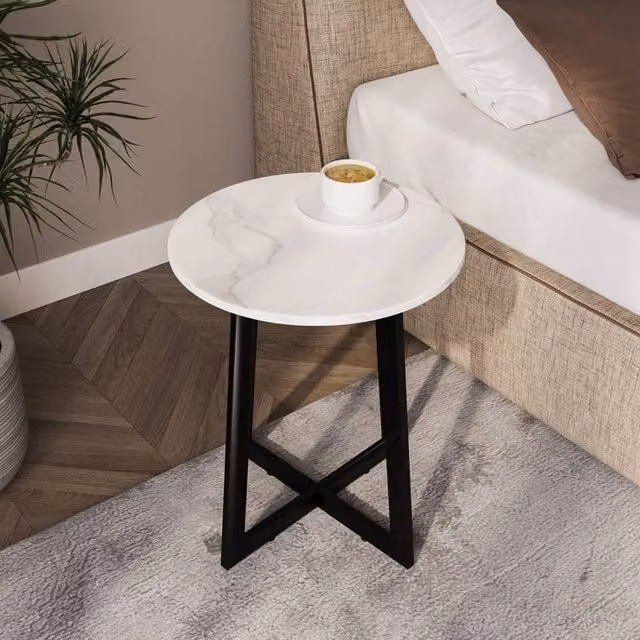 Havendro White Marble Look Round Coffee Table with Steel Frame, W/D/H: 50 x 50 x 40 cm