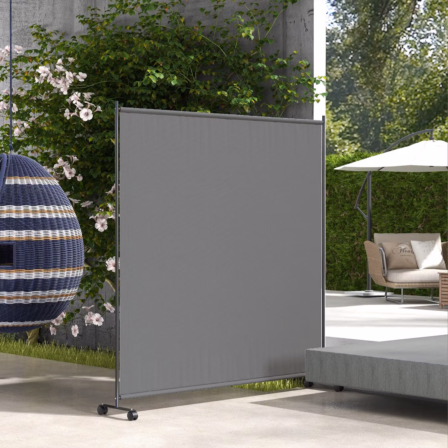 Outsunny Grey Metal Decorative Garden Partition Screen with Lockable Wheels – 2