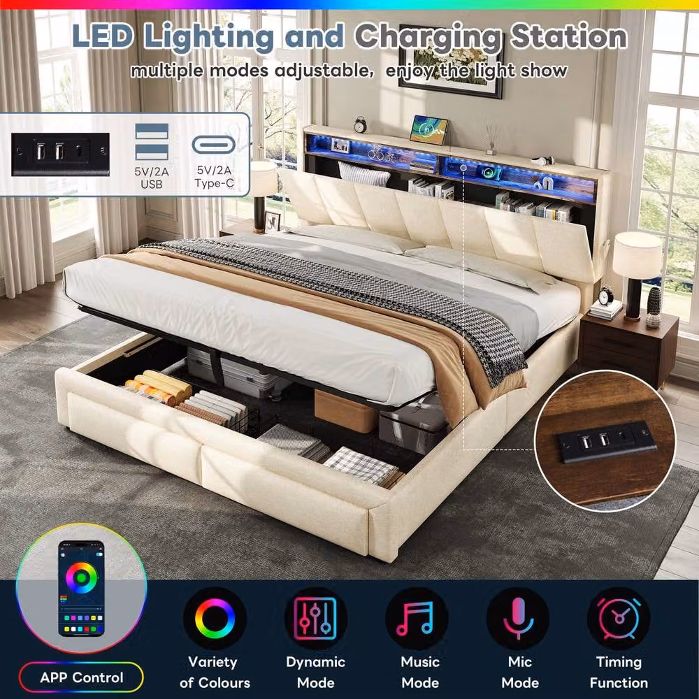 ModernLuxe King Upholstered Ottoman Bed with Drawers, LED Headboard, USB Charging Ports and Bedside Shelves in Beige – 5
